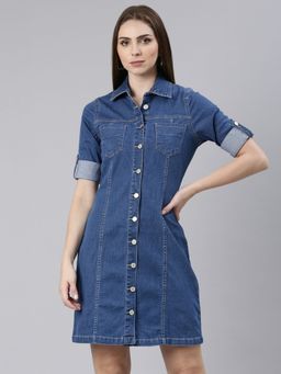 SHOWOFF - Womens Blue Shirt Collar Short Sleeves Shirt Solid Above Knee Dress