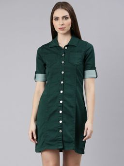 SHOWOFFFF - Womens Green Shirt Collar Short Sleeves Shirt Solid Above Knee Dress