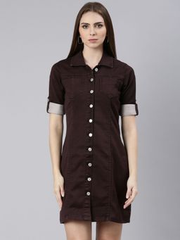 SHOWOFF - Womens Wine Shirt Collar Short Sleeves Shirt Solid Above Knee Dress