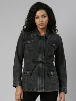 SHOWOFF - Womens Spread Collar Grey Solid Denim Jacket
