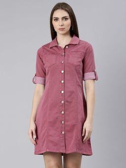 SHOWOFF - Womens Pink Shirt Collar Short Sleeves Shirt Solid Above Knee Dress