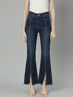 SHOWOFFFF - Womens Clean Look Mid-Rise Navy Blue Bootcut Denim Jeans
