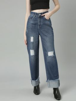 SHOWOFFFF - Womens Highly Distressed Mid-Rise Blue Straight Fit Denim Jeans