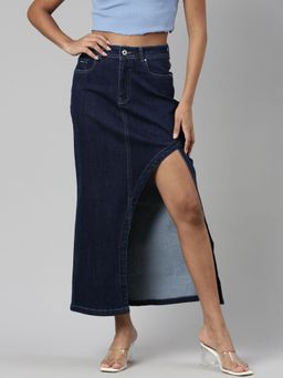 SHOWOFF - Womens Solid Maxi Denim A-Line Navy Blue Skirt