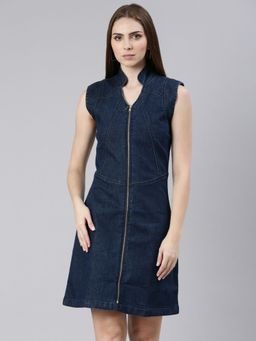 SHOWOFF - Womens Navy Blue Mandarin Collar Sleeveless A-Line Solid Above Knee Dress