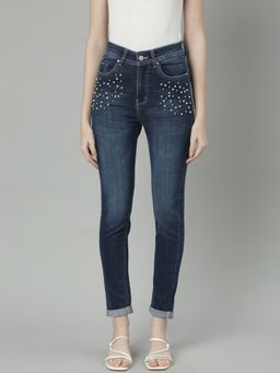 SHOWOFFFF - Womens Clean Look Mid-Rise Navy Blue Slim Fit Denim Jeans