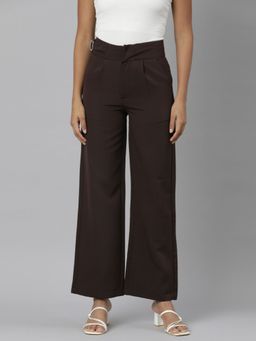 SHOWOFF - Womens Pleated Brown Straight Fit Solid Parallel Trousers