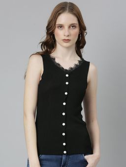 SHOWOFF - Womens Sleeveless V-Neck Black Solid Top