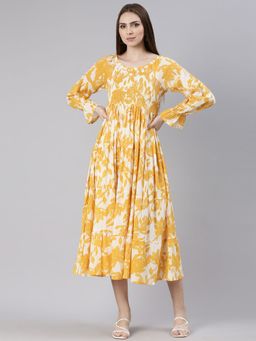 SHOWOFF - Womens Mustard Round Neck Long Sleeves Empire Floral Midi Dress