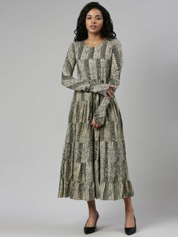 SHOWOFF - Womens Beige Round Neck Long Sleeves Printed Maxi Dress