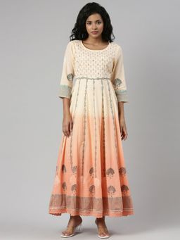 SHOWOFF - Womens Peach Round Neck Three Quarter Sleeves Empire Ethnic Motifs Maxi Dress
