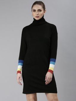 SHOWOFF - Womens Black Turtle Neck Long Sleeves Bodycon Solid Above Knee Dress