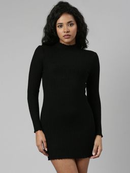 SHOWOFF - Womens Black High Neck Long Sleeves Bodycon Solid Above Knee Dress