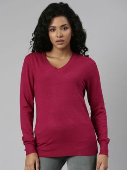 SHOWOFF - Womens Long Sleeves V-Neck Pink Solid Regular Top