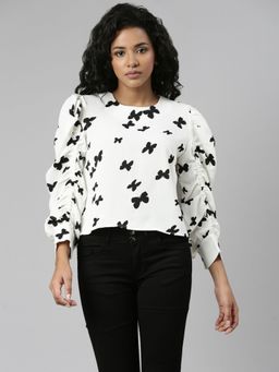 SHOWOFFFF - Womens Long Sleeves Round Neck Blouson White Conversational Crop Top