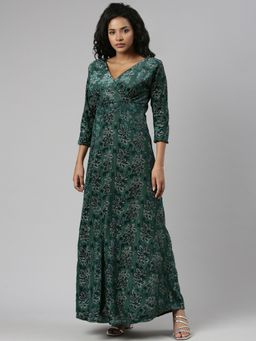 SHOWOFF - Womens Green V-Neck Three Quarter Sleeves Empire Floral Maxi Dress