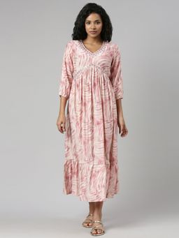 SHOWOFF - Womens Pink V-Neck Three Quarter Sleeves Empire Abstract Midi Dress