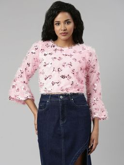 SHOWOFFFF - Womens Round Neck Pink Embellished Crop Top