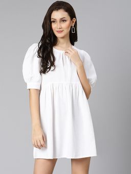 Oxolloxo - White Pearl Gathered Details Linen Women Dress
