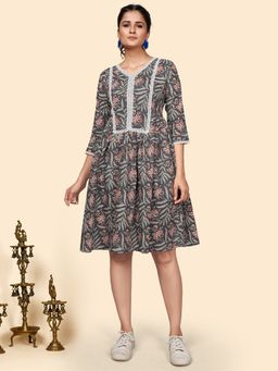 Vbuyz - Women Printed Flared Cotton Grey Stitched Dress