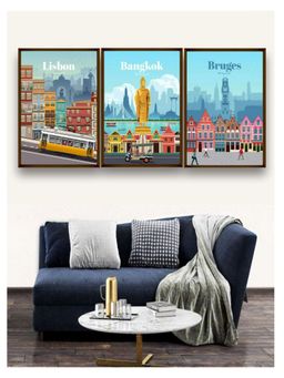 The Art House - Blue Yellow Abstract Painting Wall Art Set of 3