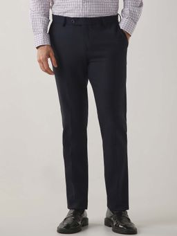 Reid & Taylor - Men Navy Blue Solid Formal Trousers