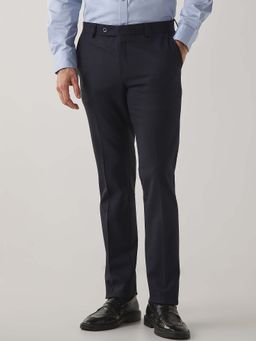 Reid & Taylor - Men Navy Blue Solid Formal Trousers