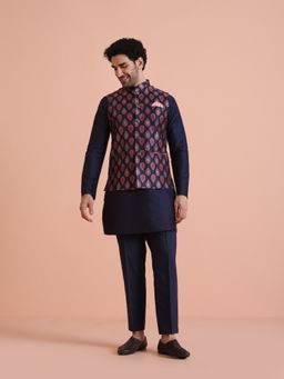 KISAH - Men Navy Blue Ethnic Motifs Mid Kurta Nehru Jacket Pant