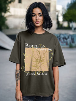 Bewakoof - Women's Chocolate Brown Born To Bloom Graphic Printed Oversized T-shirt