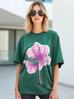 Bewakoof - Women's Green Lavender Feels Graphic Printed Oversized T-shirt