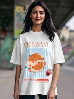 Bewakoof - Women's White Croissant Graphic Printed Oversized T-shirt