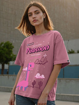 Bewakoof - Women's Purple Pixemon Graphic Printed Oversized T-shirt