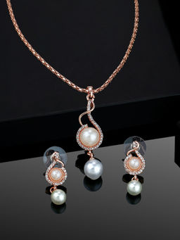 Estele - Rose Gold Plated CZ Mesmerizing Pendant Necklace with Pearl for Women (Set of 2)
