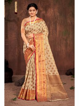 Sangam Prints - Cream Cotton Woven Zari Work Traditional Saree with Unstitched Blouse