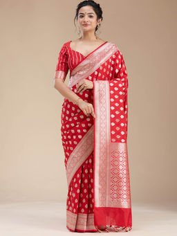 Koskii - Red Zari Work Silk Handloom Saree with Unstitched Blouse