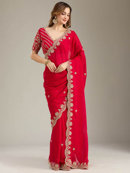 Koskii - Pink Cording Semi Crepe Saree with Unstitched Blouse