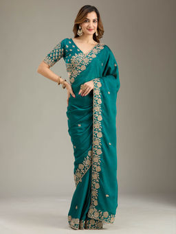 Koskii - Teal Green Cording Embroidered Georgette Saree with Unstitched Blouse