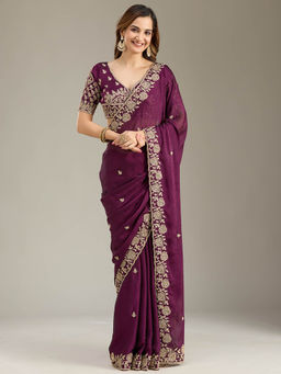 Koskii - Wine Cording Embroidered Georgette Saree with Unstitched Blouse