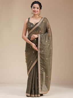 Koskii - Mehendi Embroidered Gotapatti Organza Saree with Unstitched Blouse