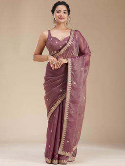 Koskii - Wine Embroidered Gotapatti Organza Saree with Unstitched Blouse