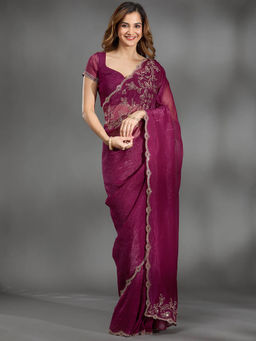 Koskii - Wine Stonework Embellished Georgette Saree with Unstitched Blouse