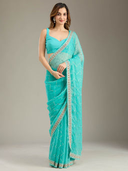 Koskii - Sea Green Stonework Embroidered Tissue Saree with Unstitched Blouse