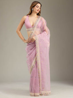 Koskii - Lavender Thread Work Tissue Saree with Unstitched Blouse