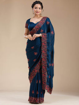 Koskii - Navy Blue Kashmiri Chiffon Saree with Unstitched Blouse