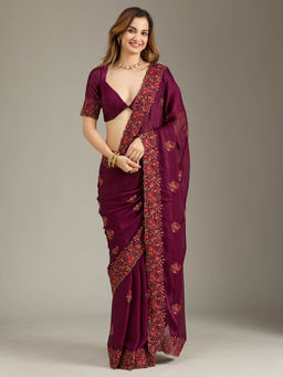 Koskii - Wine Kashmiri Chiffon Saree with Unstitched Blouse