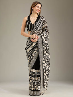 Koskii - Black Floral Thread Work Georgette Saree with Unstitched Blouse