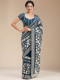 Koskii - Peacock Blue Floral Thread work Georgette Saree with Unstitched Blouse