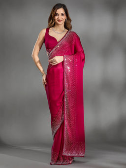 Koskii - Red Stonework Chiffon Saree with Unstitched Blouse