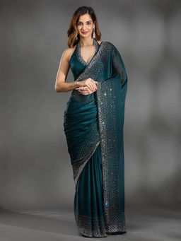 Koskii - Teal Green Stonework Chiffon Saree with Unstitched Blouse