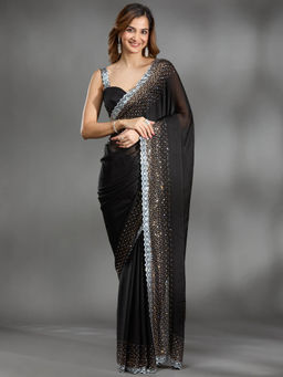 Koskii - Black Stonework Chiffon Saree with Unstitched Blouse